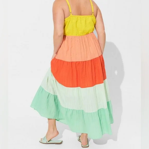 Torrid Yellow Orange Green Seersucker Colorblock Tiered Maxi Dress w poc… - Picture 2 of 5